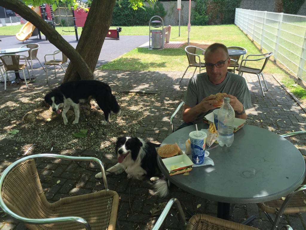 Frokost og hundeluftning på en ucharmerende rasteplads inden turen gik videre.